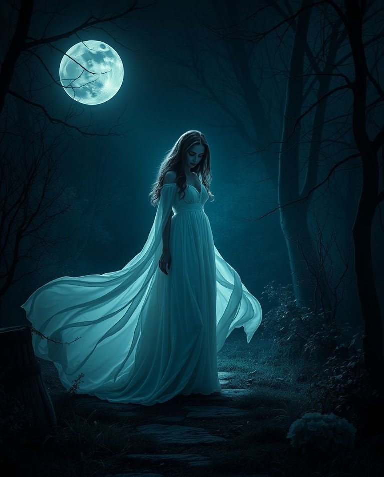 Smooth gradient transition, eerie creepy atmosphere. Mystical woman, flowing white gown, moonlit path, enchanted garden. Dark tones, unsettling details, seamless color blending.jpg