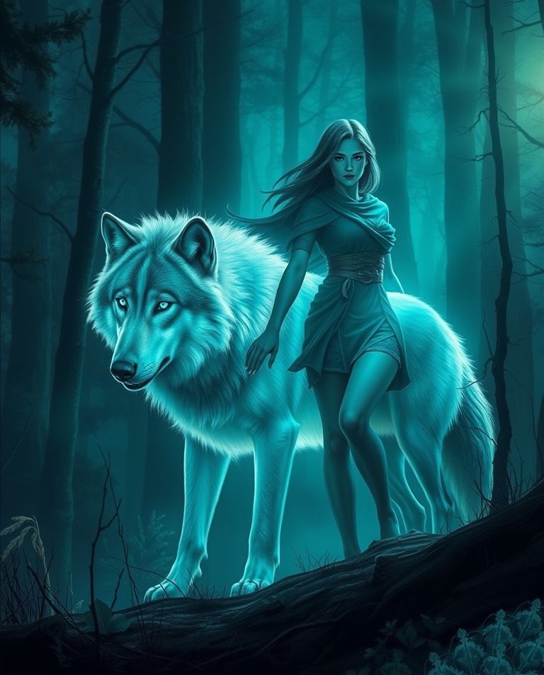 Digital painting, glowing bioluminescent colors, epic lens glow lighting. Massive scale, heroic elements, natural light effects. A secluded forest clearing woman and silver-gray wolf, vibrant glow, heroic pose.jpg