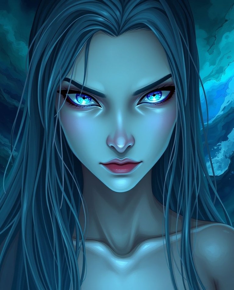 A fantasy illustration featuring a pale-skinned sea nymph with intense, piercing eyes.  Her long, wet hair frames her face, illuminated by an eerie blue light. The background depicts a dramatically stormy sea, blen.jpg