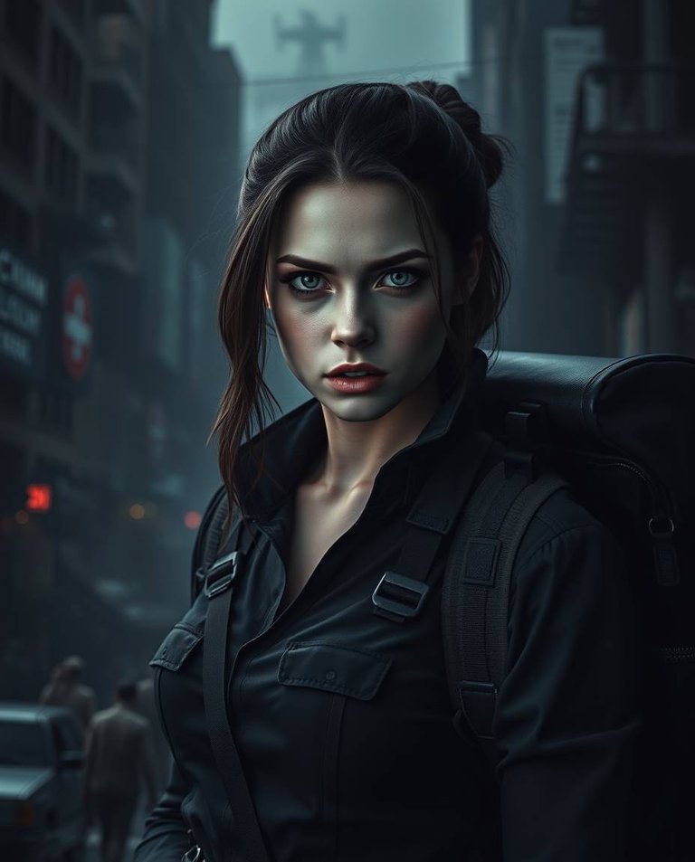 Cinematic photo of a female adventurer with pale skin, intense gaze, and determined expression, wearing a fitted jumpsuit and backpack in a dark, eerie post-apocalyptic cityscape. Jet black, deep shadows, unsettlin.jpg