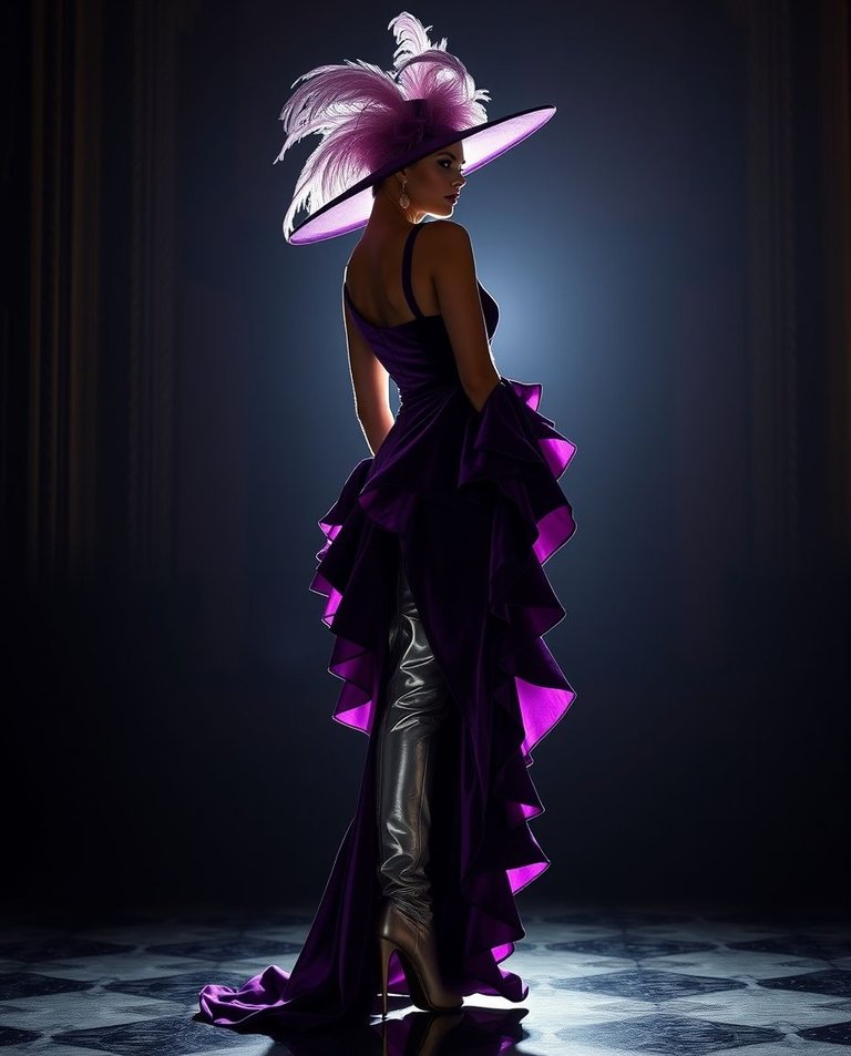 A silhouetted image with backlighting, highlighting an adorable and charming elegant woman in a royal purple asymmetrical velvet gown with exaggerated ruffles, silver thigh-high boots, an oversized feathered hat, a.jpg