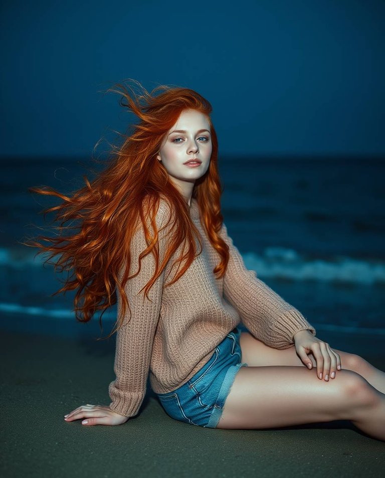 Rich deep teal tones, unusual original fine art photography. A beautiful woman with long, curly red hair, fluttering in the wind, sits dreamily at night on an ocean shore. She wears a warm sweater and denim shorts..jpg