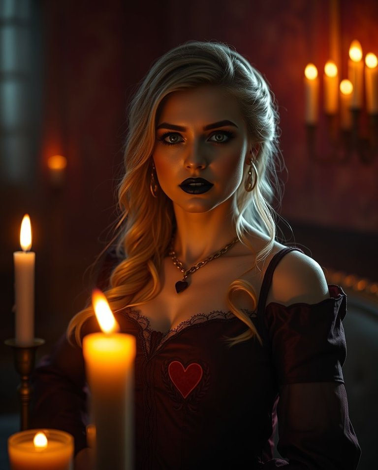 Soft dreamy atmosphere, warm candlelight illuminates a Queen of Hearts card in dark burgundy boudoir style. Blonde queen with dark lipstick, proud expression. Burgundy hearts, card deck pattern on her dress. Flicke.jpg