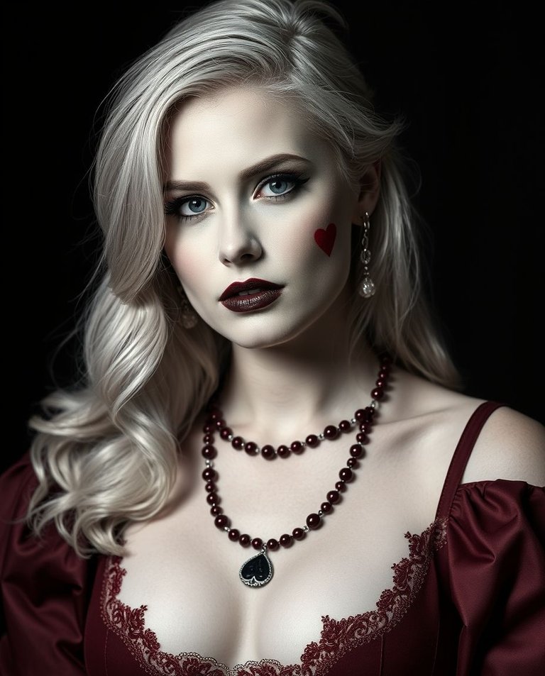 Classic black and white, strong hard light, close-up of a Queen of Hearts card in dark burgundy boudoir style. Blonde queen with dark lipstick, proud expression. Burgundy hearts, card deck pattern on her dress. Dir.jpg