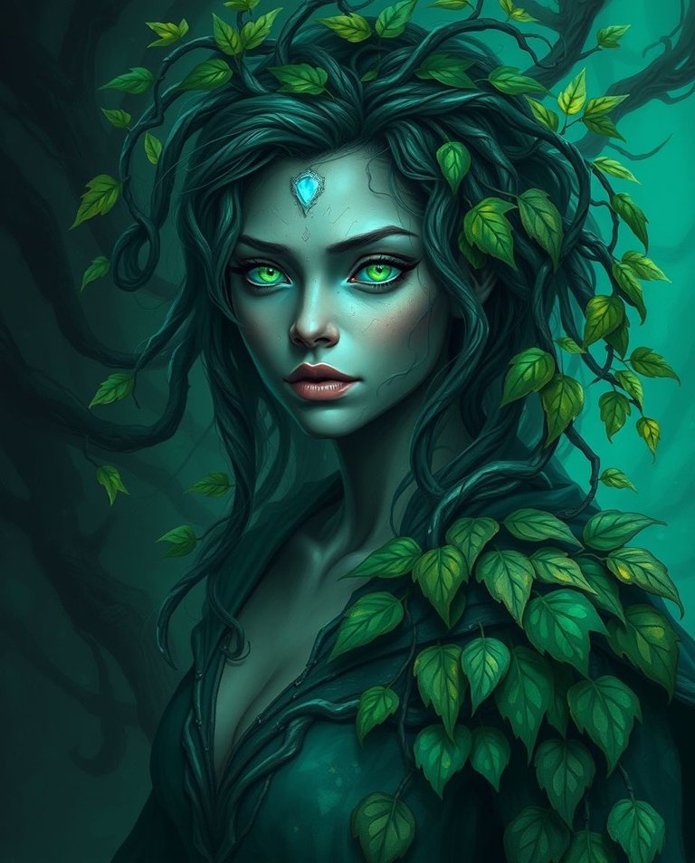 Digital painting in rich deep teal, featuring a luxurious, vibrant, mystic dryad. Her skin is bark and circuitry, hair glowing vines, eyes piercing green, cloak of pixelated leaves. Dreamlike atmosphere, ethereal q.jpg