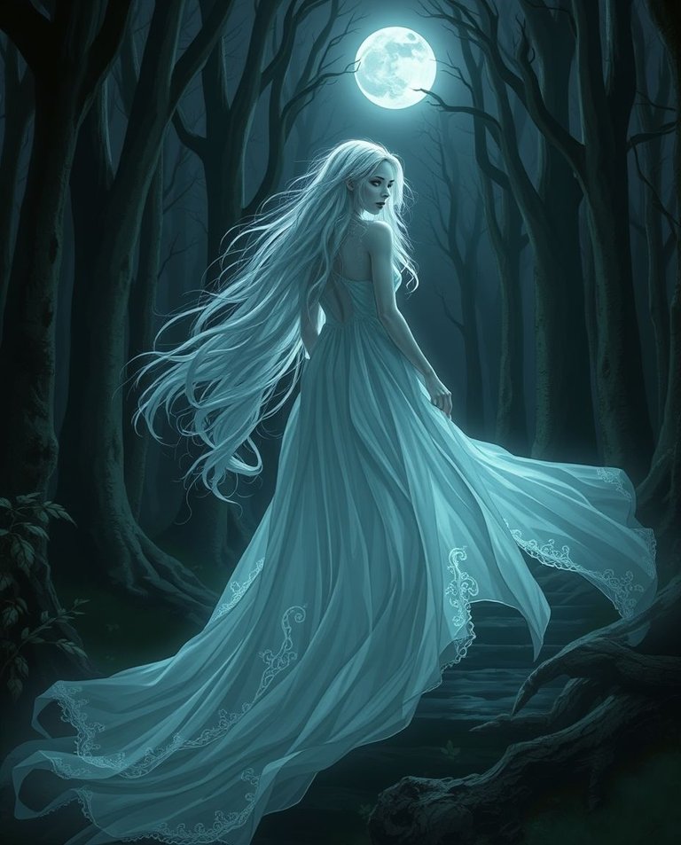 Concept art,  a woman with glowing pale skin, long silver hair, and a flowing white gown glides through a moonlit enchanted forest.  Dark, unsettling details, smooth gradient transition from dark to light,  eerie a.jpg