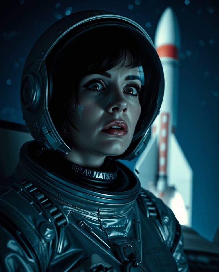 Eerie, creepy, close-up image of a woman astronaut in a reflective visor and silver jumpsuit. Dark tones, unsettling details, dramatic lighting. 1950s rocket in the background against a deep blue starry sky. Retro .jpg