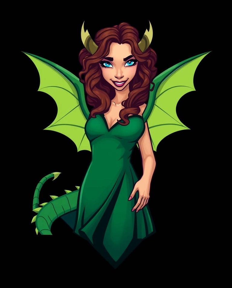 Eerie logo design, geometric shapes, clean lines, dark tones. Dragon woman with striking blue eyes, long curly brown hair, fair skin, joyful smile, wearing an emerald green gown.  Full-body portrait, vibrant colors.jpg