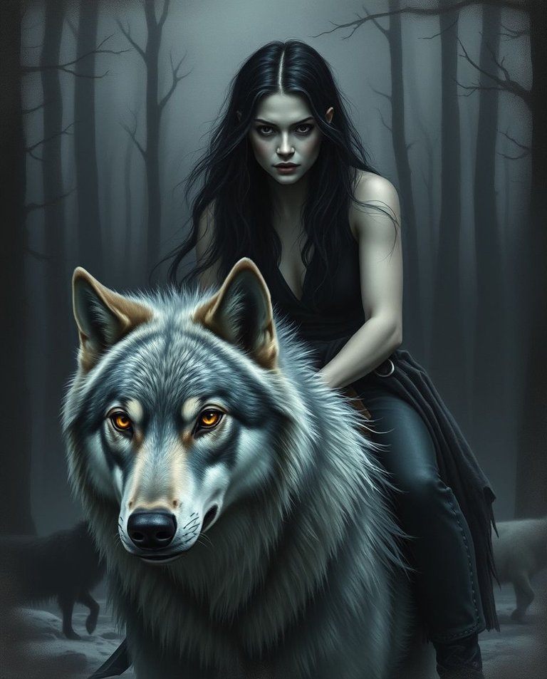 Moody, low-contrast painting A woman with pale skin and dark hair, riding a silver-gray wolf with piercing yellow eyes, in a northern forest clearing.  The scene is detailed, with focus on facial expressions and te.jpg