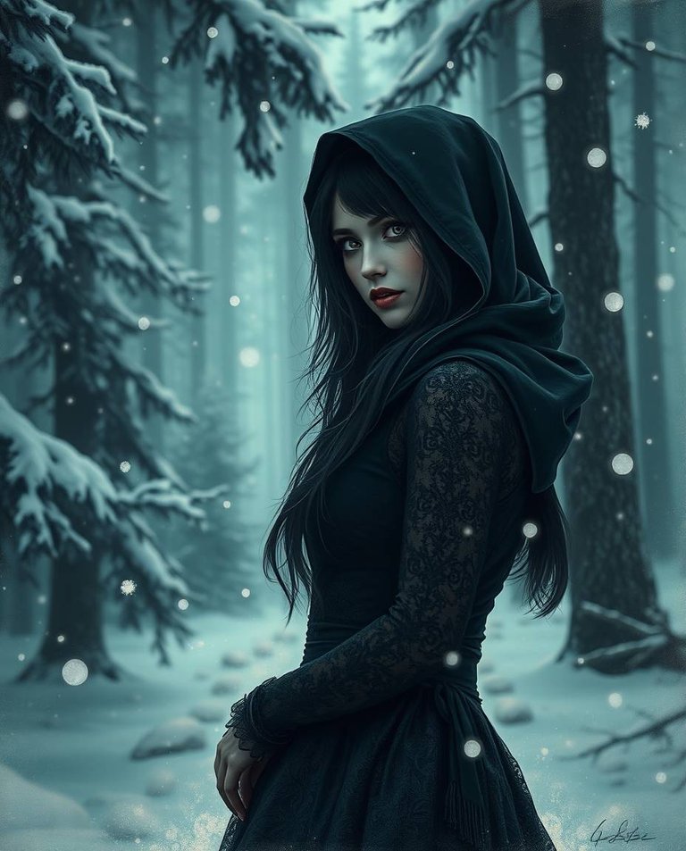 Surreal infrared tones, complementary epic colors, misty atmosphere, rough dynamic digital sketch, loose painterly strokes. A graceful woman, 25, with long black hair, glowing eyes, elegant gothic black lace dress,.jpg