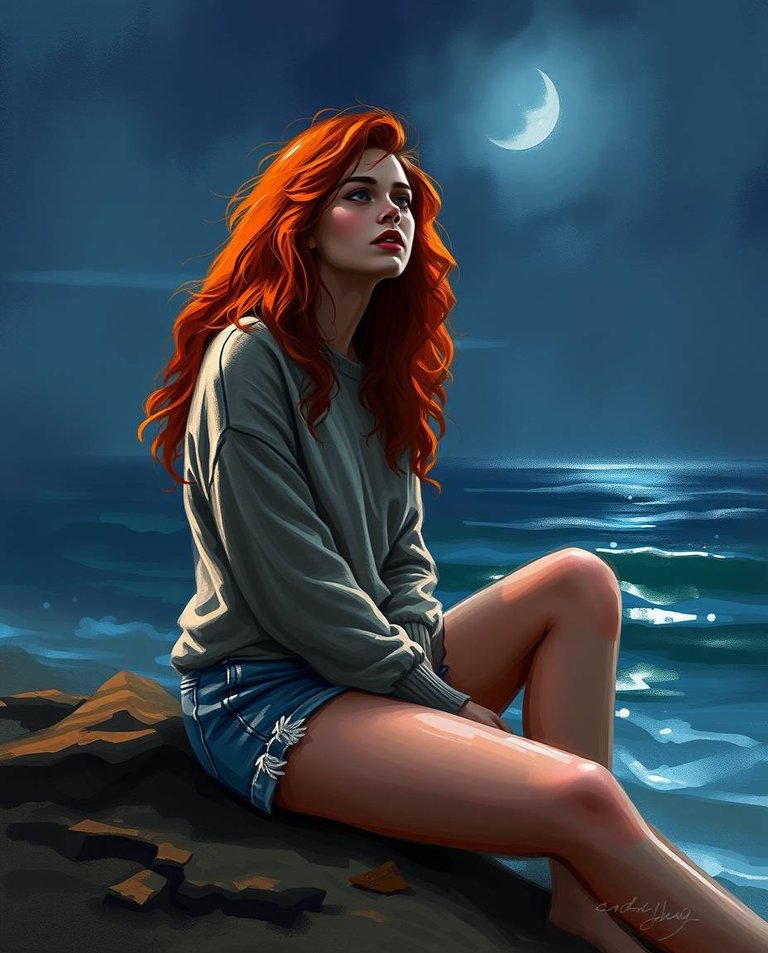 A dynamic digital sketch using loose, painterly strokes, depicting a beautiful woman with long curly red hair, fair skin, and strong features, sitting dreamily on a night ocean shore wearing a warm sweater and deni.jpg