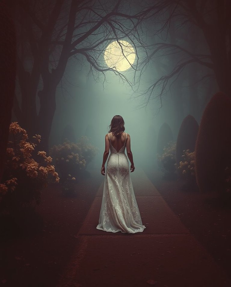 A stylized infrared image with cast bronze texture.  A woman in a shimmering white gown walks a moonlit path through an enchanted foggy garden. Otherworldly feel, low light.jpg