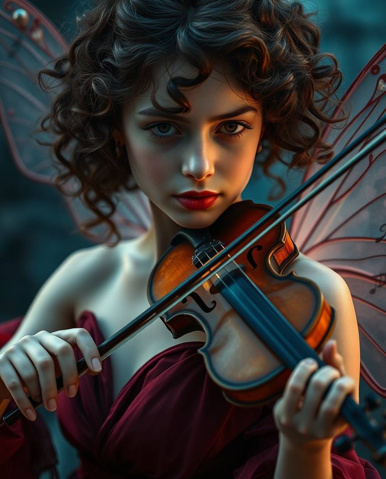 Surreal cinematic portrait young woman with curly brown hair, porcelain skin, expressive brown eyes, playing intricately carved wooden violin. Transparent fairy wings. Flowing gown. Visible musical notes. Rich burg.jpg