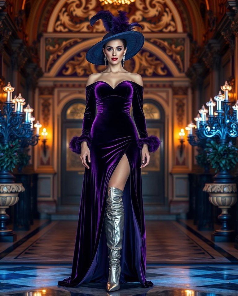 Elegant woman, charming features, royal purple velvet gown, silver boots, feathered hat, crystal earrings, ornate Milan palazzo background, glowing bioluminescent colors, natural light effects.jpg