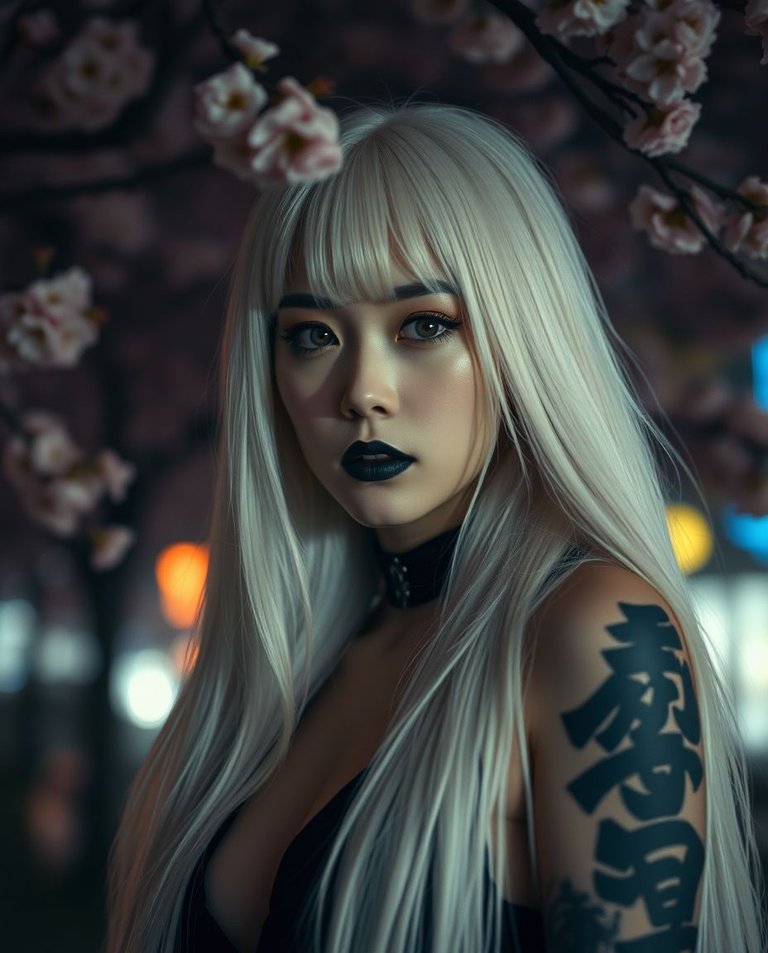 Dramatic, cinematic image of a 27-year-old Japanese gothic woman, long white hair, grey eyes, and black lipstick. Yakuza tattoos are visible. Tokyo’s cherry blossoms form a hazy, soft-focus backdrop.  The style (1).jpg