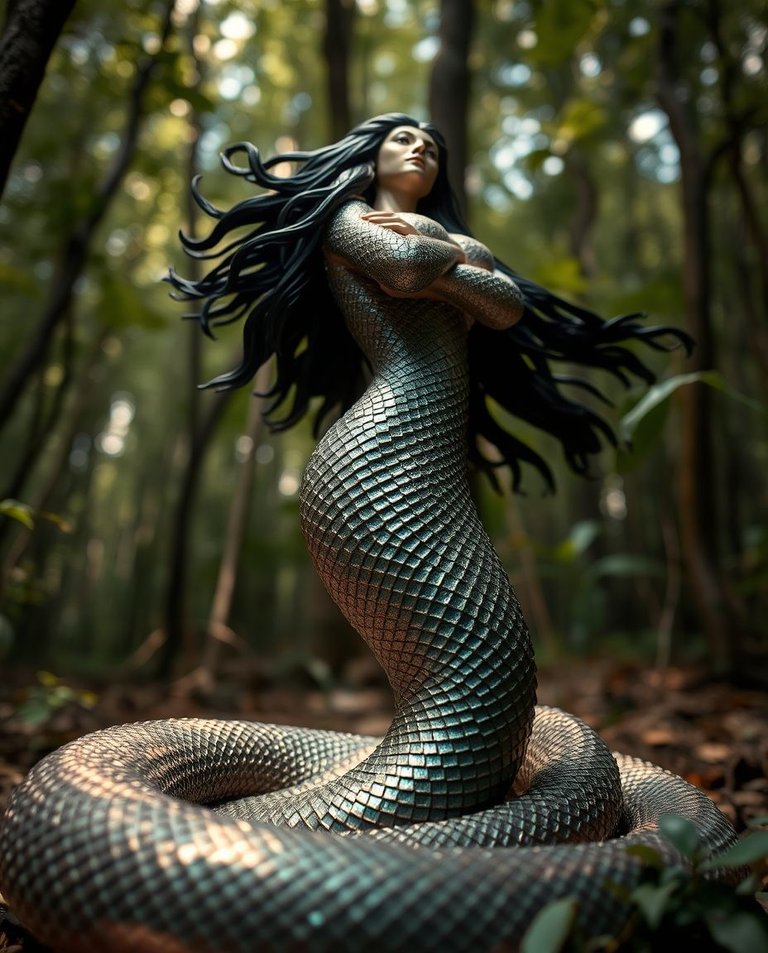 Serpent woman, upper body human female with radiant skin and flowing dark hair, lower body a serpent with iridescent scales, in an ethereal forest. Tilt-shift photo, low angle, dramatic lighting, textured papie (5).jpg