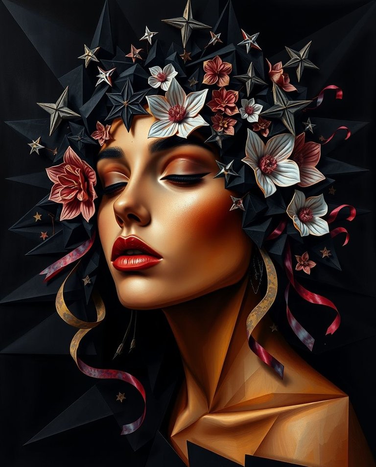 8k resolution oil painting in an intense jet black, intricate origami style. A woman with tan skin is depicted with stars, flowers, and ribbons in a surreal, abstract, gothic style. Triadic colors are subtly sugges.jpg