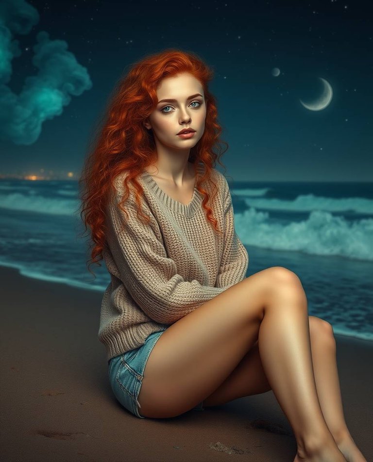 Dreamlike surreal imagery, adorable and charming features, fantastical elements, bizarre scenes A beautiful woman with long curly red hair, fair skin, and cute features, wearing a warm sweater and denim shorts, sit.jpg