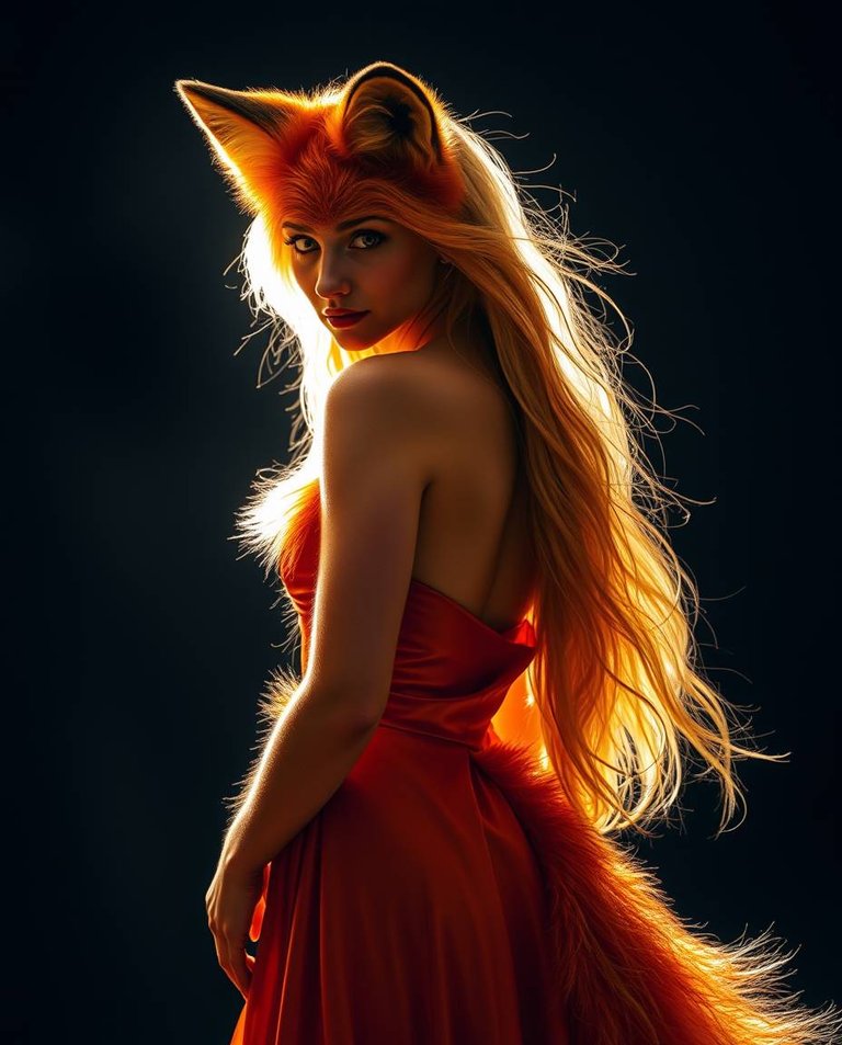 Gentle soft light, warm golden glow. Professional photography, warm and slightly dark. A woman, once a fox, with fiery red and gold fur transitioning to a flame-silk gown. Her amber eyes glow. Her luminous tail tra.jpg