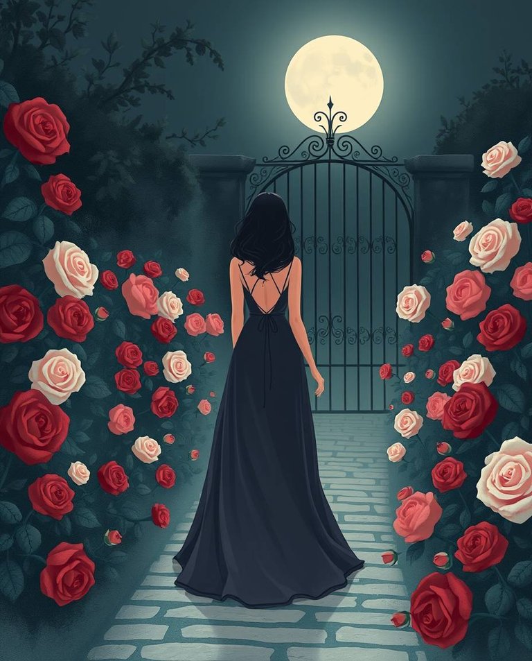 Moody style illustration, soft light, low contrast, diffused shadows, subtle illumination. A woman in a flowing gown walks through a moonlit rose garden. Roses in shades of red, pink and white, cobblestone path, wr.jpg