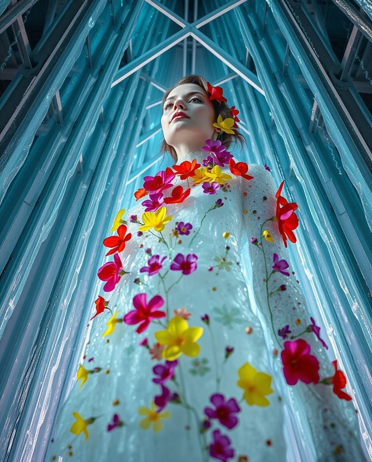 Precise architectural color photography uses creative lighting to depict an ethereal female figure frozen in ice and covered with colorful flowers. Sharp lines, detailed structures, and wide angles showcase abstrac.jpg