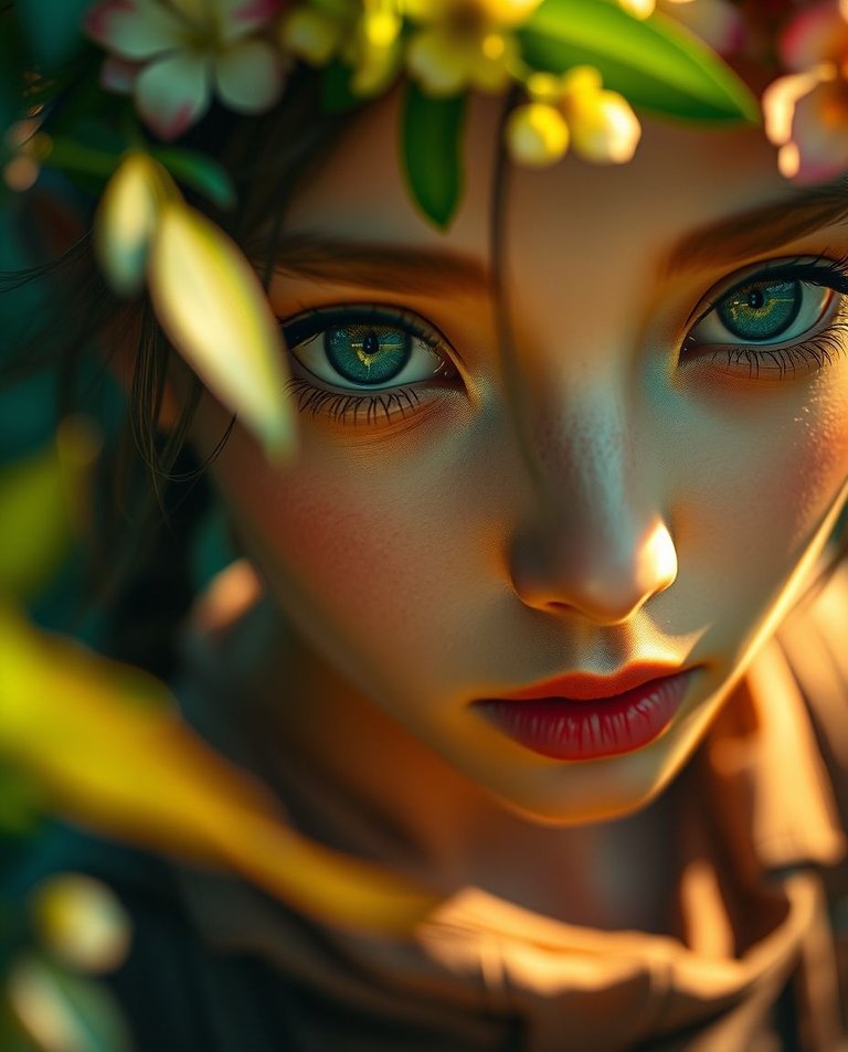 Rich deep teal, extreme macro close-up, luminous cinematic keyframe, close-up nymph with striking green eyes, lush vibrant forest foliage, delicate floral wreath, slender features, diaphanous earth-toned tunic, sty.jpg