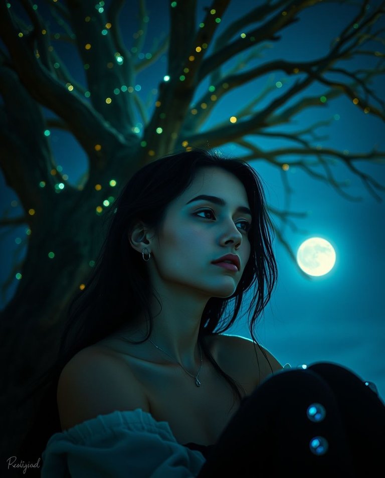 A dramatic cinematic shot, iridescent colors, film grain A lone woman with pale skin and dark hair sits beneath a bioluminescent cosmic tree. Starlight illuminates half her face. The night sky is vast, the moon a s.jpg