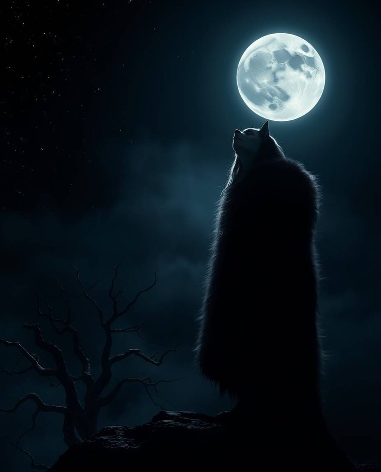 Atop a misty mountain bathed in moonlight, a strikingly beautiful woman with pale skin, long pointed ears, and sharp teeth, stands silhouetted against a jet-black starry sky.  Her luxurious fur coat merges with her.jpg