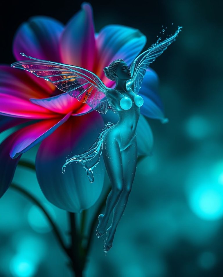 Rich deep teal bioluminescent colors. Natural light effects. Vibrant glow. Luxurious and vibrant. A winged woman, water droplet form, frozen mid-air near a vibrant flower. Transparent, shimmering body. Tiny water s.jpg