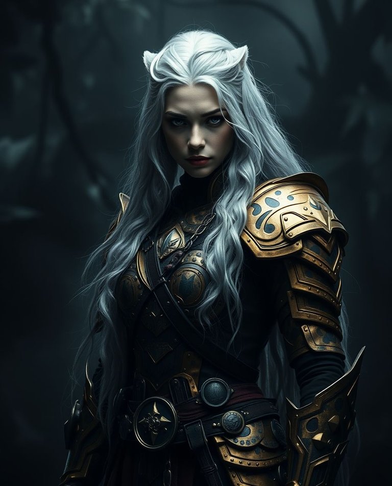 8K cinematic hyperrealistic image, eerie atmosphere, intense jet black, deep shadows, a mighty female warrior with long silver hair transforms into a majestic leopard, her gold armor merging with spotted fur, misty.jpg