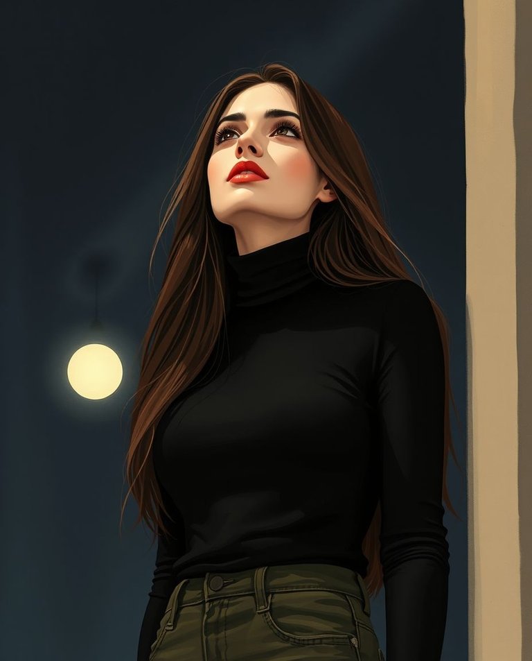 A soft, hazy cinematic illustration, in the style of Luis Royo.  Featuring a Lebanese woman with long brown hair and red lips, wearing a black turtleneck and olive skinny jeans. She gazes upwards against a dark, fi.jpg