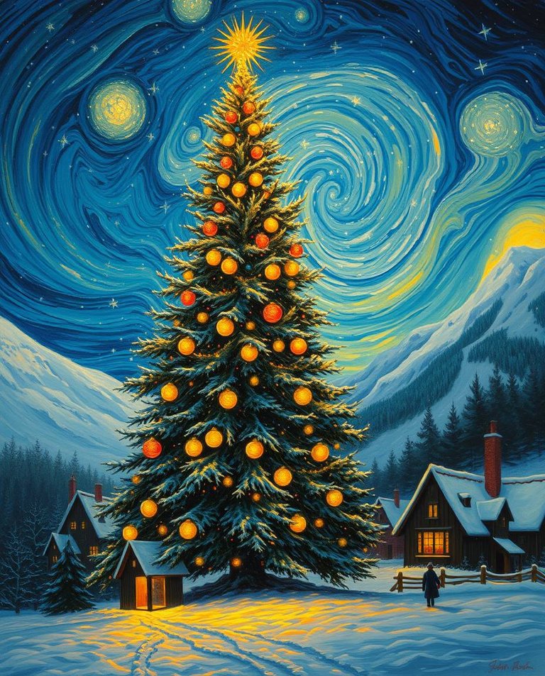 Oil painting, epic scene, glowing bioluminescent colors, natural light effects, vibrant glow, massive scale, heroic elements majestic Christmas tree with glowing ornaments, deep blue swirling sky, snow-covered hill.jpg