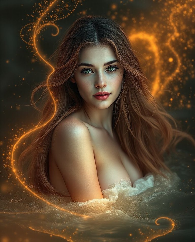 Photorealistic image, moody style, low contrast. Beautiful woman with long flowing hair rising from ocean depths, golden embers intertwining around her.  Golden light, shimmering water reflections, golden dust.  Wo.jpg