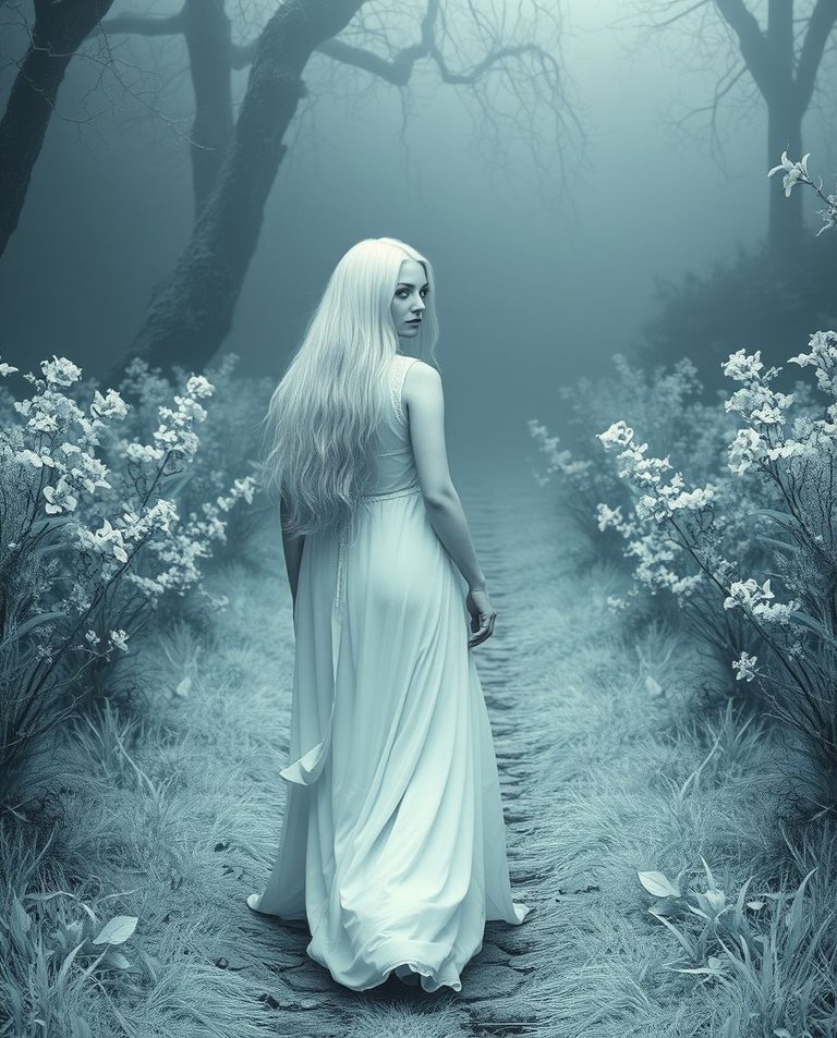 Infrared image depicting a mystical woman with pale skin and long, flowing silver hair in a white gown, walking through a foggy enchanted garden.  Cast bronze style, low light, emphasis on ethereal beauty and myste.jpg