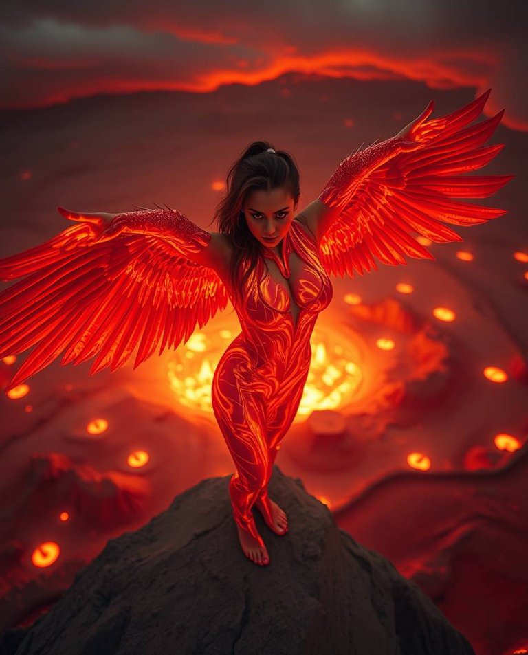 High angle perspective, strong moody style. A winged woman, liquid fire form, Lily-Rose Depp-like features, fiery wings, radiant eyes. Glowing desert, molten geysers, fiery sky. Low contrast, elevated viewpoint.jpg