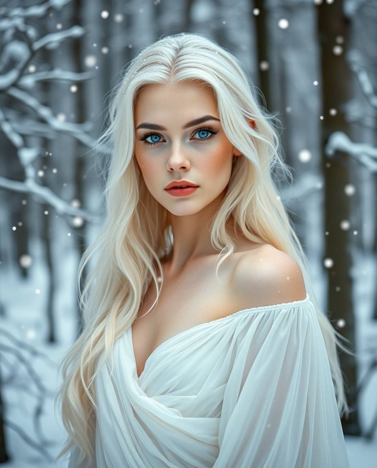 Vibrant complementary colors. Fine art photography of a stunning winter goddess, tall and slender, with icy-blue eyes, triangular face, thin lips, and small nose, in a snow-covered forest. Her platinum-blonde hair .jpg