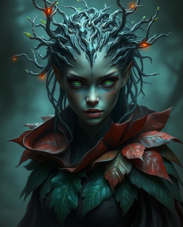 Digital painting, dramatic cinematic style with soft cinematic haze. Sleek mysterious dryad, skin shimmering bark and circuitry, hair glowing vines, piercing green eyes. Wears pixelated leaf cloak. Vibrant colo (1).jpg