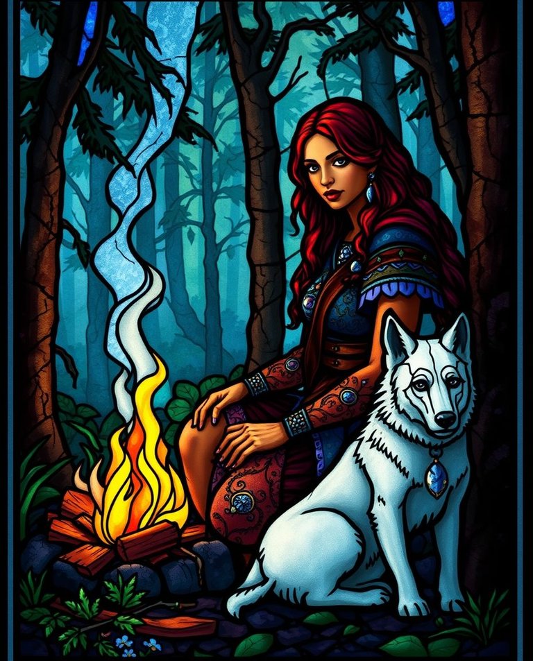 Stained glass artwork, Orthodox Catholic church style, depicting a dark fantasy Amazon warrior with reddish-brown skin and strong features. She wears an elegant embroidered hunting outfit and sits by a crackling ca.jpg