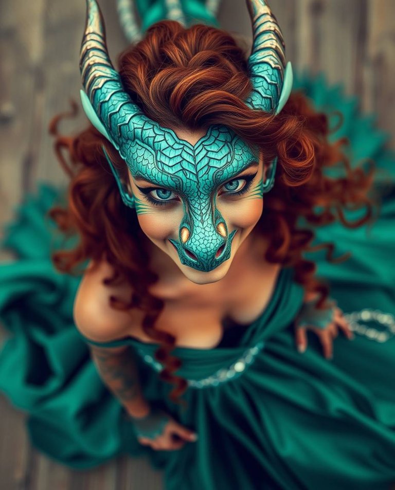 Overhead bird’s eye view long exposure photograph of a full-length dragon woman with striking blue eyes, long curly brown hair, and a joyful smile in an elegant emerald green gown. The image captures motion blur an.jpg