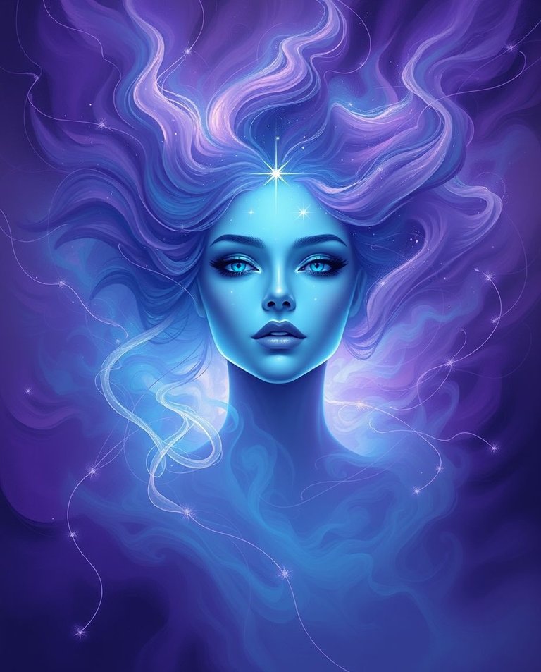 A digital painting showcasing a feminine silhouette at the center, engulfed in iridescent, swirling mist.  Her face expresses calm intensity, with eyes glowing like stars. Invisible threads of consciousness emanate.jpg