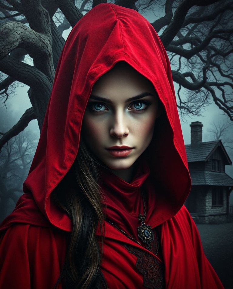 Strong moody style extreme macro close-up painting, strikingly enigmatic sorceress, vivid crimson ensemble, majestic oak tree, rustic cottage, low contrast, small subject detail, intense gaze, flowing red robes, in.jpg