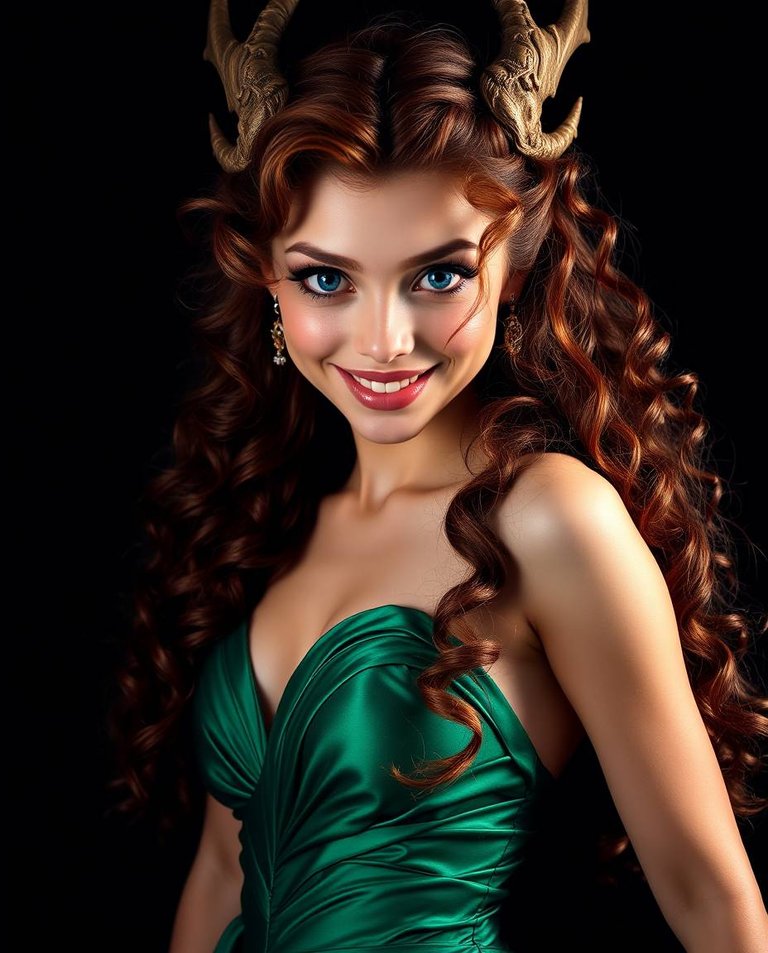 High contrast, low-key lighting accentuates bright, vibrant colors. A full-length portrait of a dragon woman with striking blue eyes, long curly brown hair, fair skin, and a joyful smile, wearing an elegant emerald.jpg