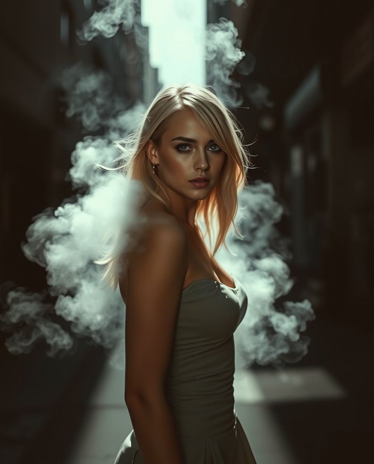 Candid street photography, high contrast, low-key lighting. A light-haired woman with gray eyes in a form-fitting dress dissolves into smoke. Deep shadows, dramatic effect, urban setting.jpg