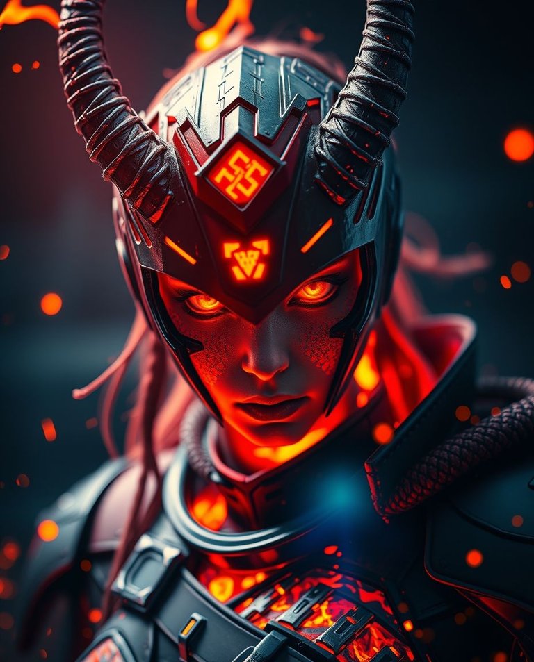 Extreme macro close-up, bright lens flare. Futuristic fiery warrior, lava body, feminine features, black red armor. Menacing visor face, glowing lattice eyes, sharp horns. Fire whips, dark sci-fi background, intens.jpg