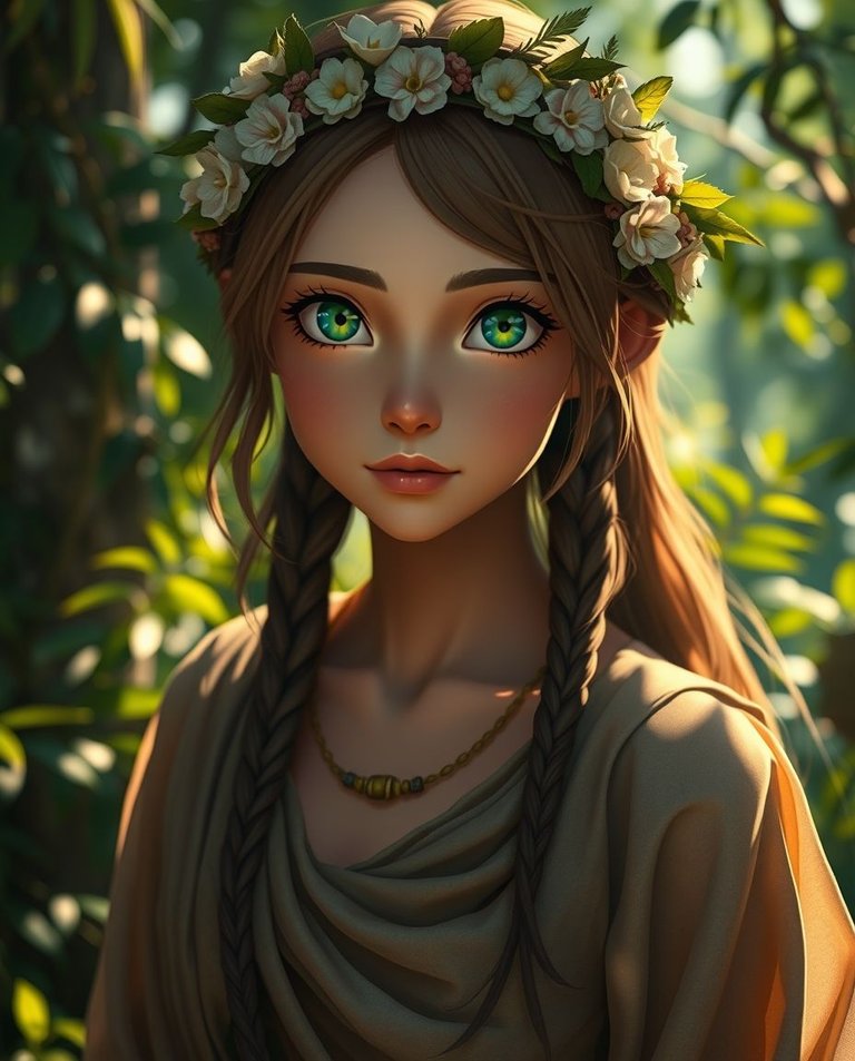 Close-up cinematic keyframe with strong hard light, direct harsh shadows. Nymph with striking green eyes, diaphanous earth-toned tunic and floral wreath. Lush vibrant forest foliage. Anime realism style, cinematic .jpg