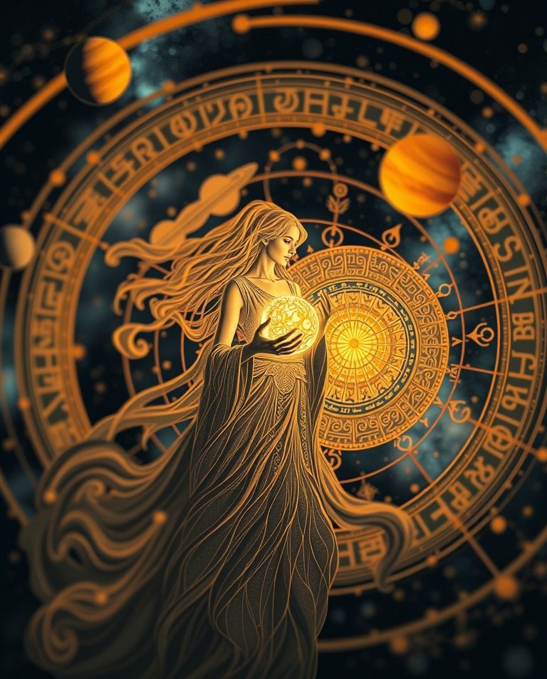 Surreal solar system scene, chiaroscuro lighting, blurred bokeh effect, intricate orange and white linework, celestial guardian woman in flowing dress holding glowing orb, swirling planetary orbits with detailed de.jpg