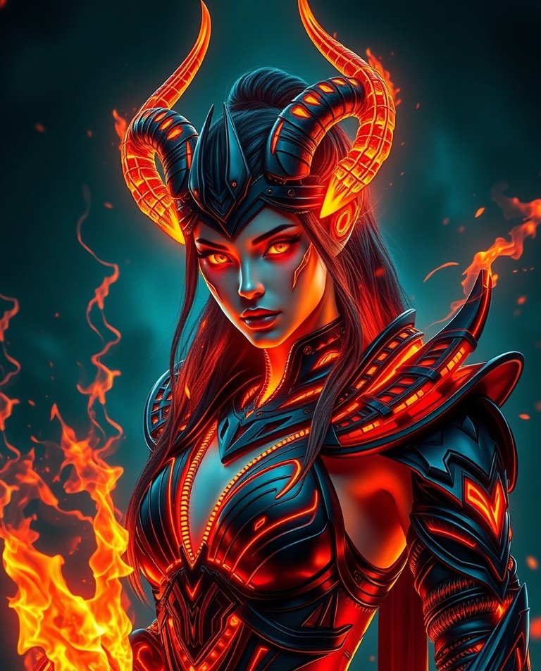 Creative light art image featuring a futuristic fiery warrior. Rich deep teal tones. Lava body, feminine features, black and red armor, glowing lattice eyes, sharp horns, and fire whips. Luxurious, vibrant, artisti.jpg