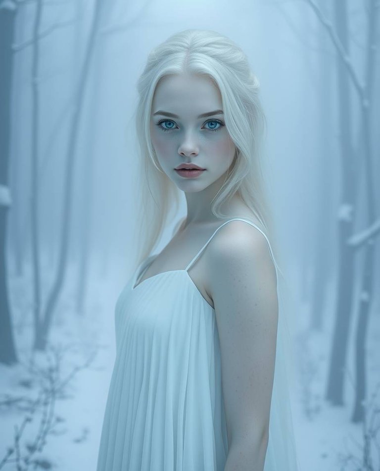 An ethereal, spiritual vibe permeates a scene split by thick fog. A winter goddess, tall and slender with icy-blue eyes, a triangular face, thin lips, and a small nose, stands in a snow-covered forest.  Her platinu.jpg