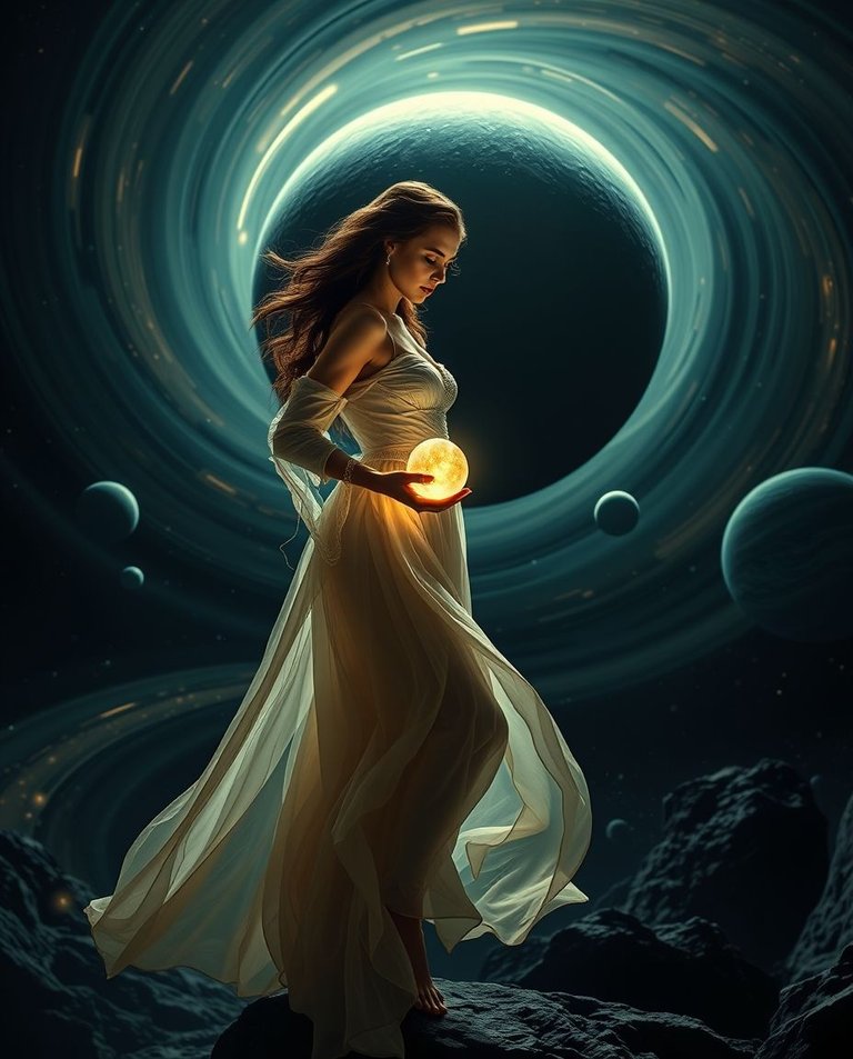 A high-resolution stock photo of a surreal solar system scene with intense dramatic lighting. High contrast creates tension in the image of a celestial guardian woman in a flowing dress holding a glowing orb amidst.jpg