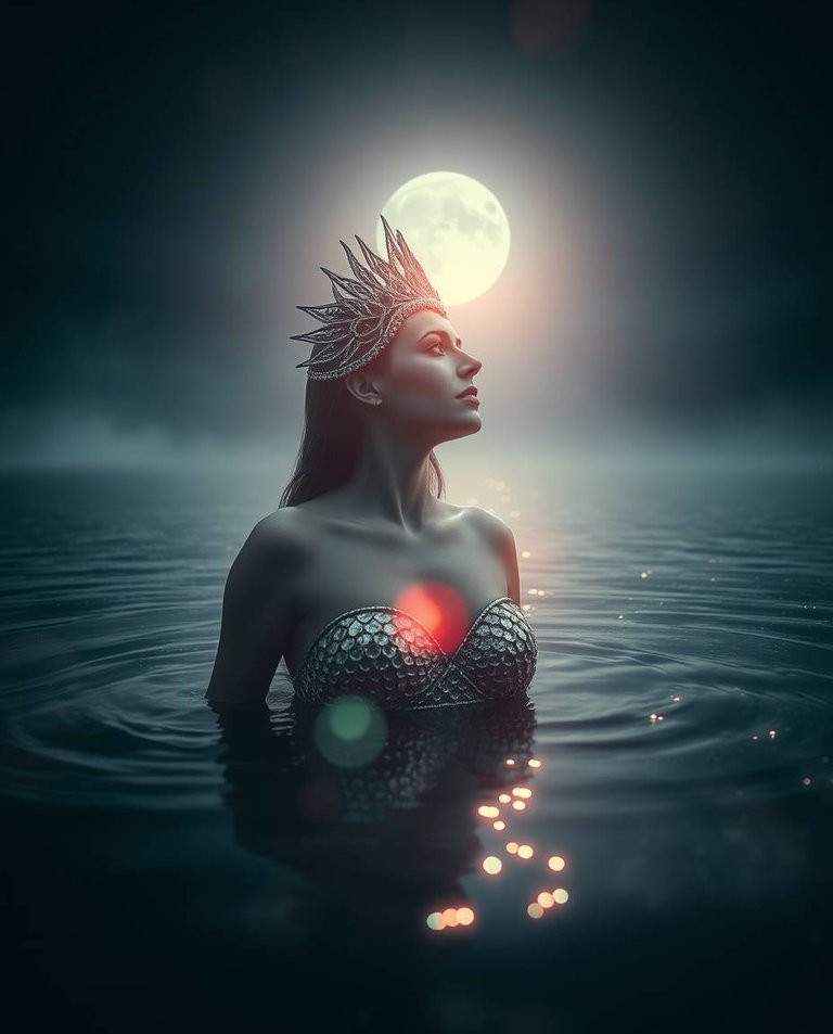 Bright lens flare, eerie creepy atmosphere. Cinematic photograph of a silver-scaled mermaid queen in shallow water, gazing at the moon. Dark tones, unsettling details, light streaks, vibrant colors.jpg